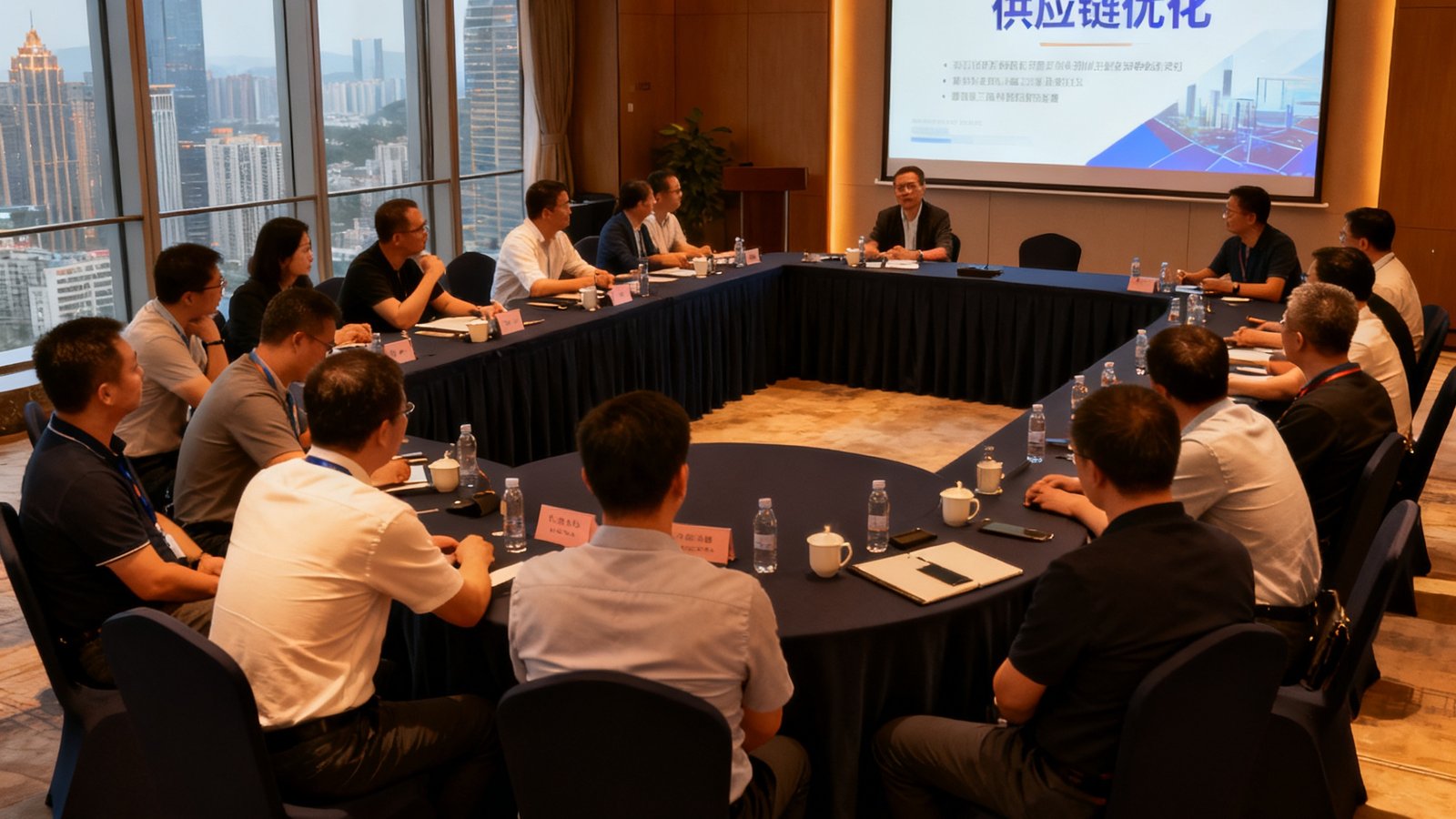 珠江新城富力盈凯广场38层玖鼎私董会会场，约40位企业家围坐在深色圆桌旁进行闭门讨论，投影屏幕显示供应链优化主题，室内灯光温暖。
