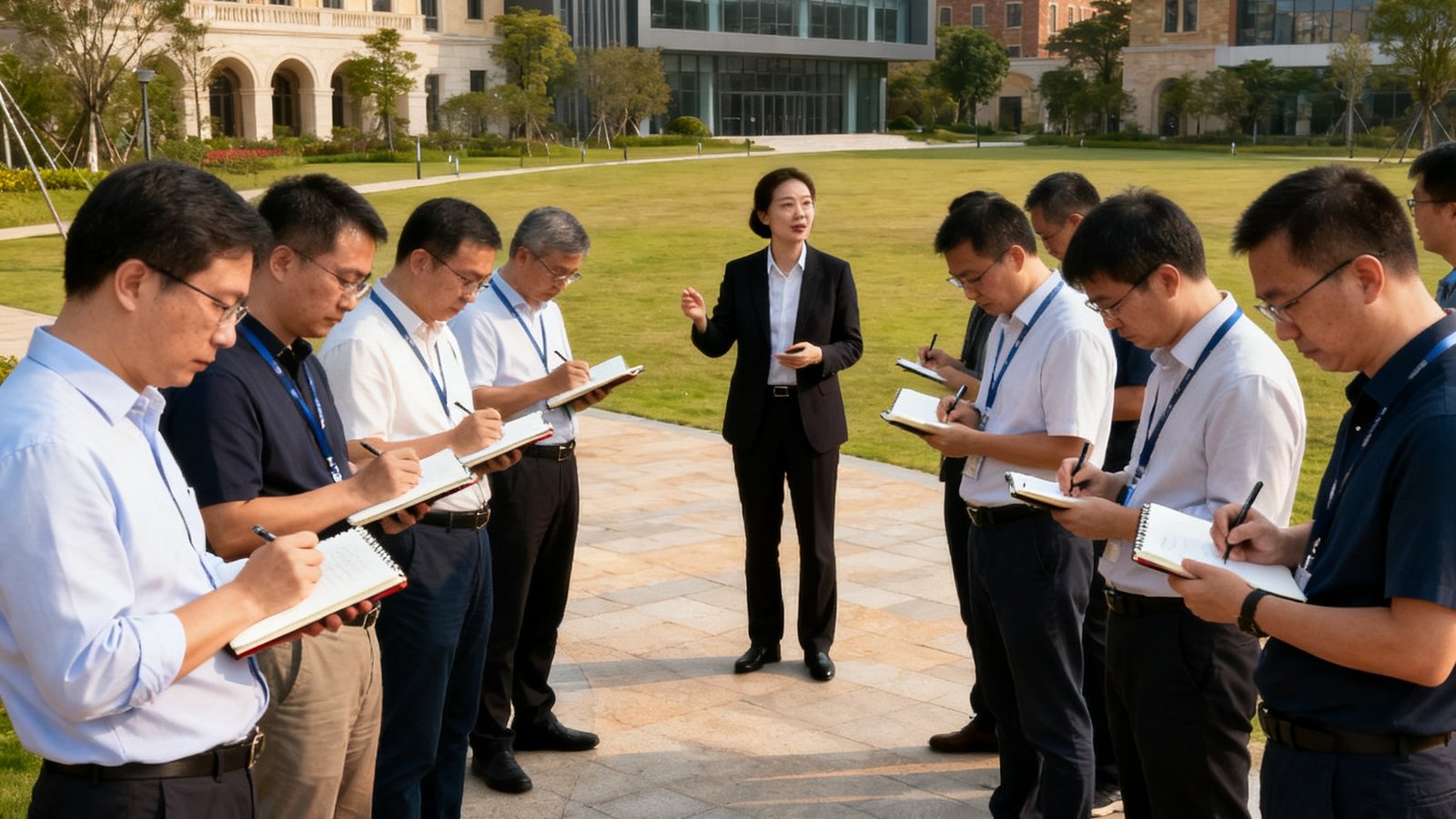 30位企业家在华为松山湖基地参观，导览员正在介绍研发中心的布局，参观者手持笔记本认真记录，背景是现代化的欧式建筑园区。