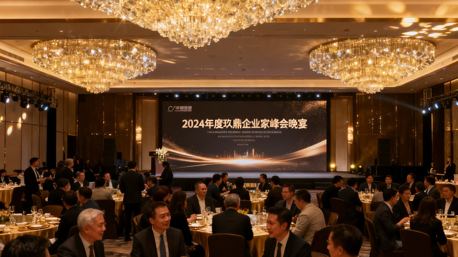 2024年度玖鼎企业家峰会晚宴在广州瑰丽酒店举行，约300位嘉宾在璀璨水晶灯下交流，舞台背景显示活动主题，桌面上摆放着精致餐具。