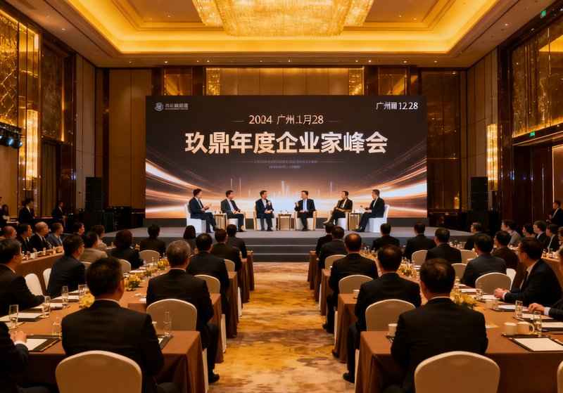 2024年12月28日玖鼎年度企业家峰会现场，300余位嘉宾在广州瑰丽酒店宴会厅参与主题论坛，舞台大屏幕显示峰会主题。