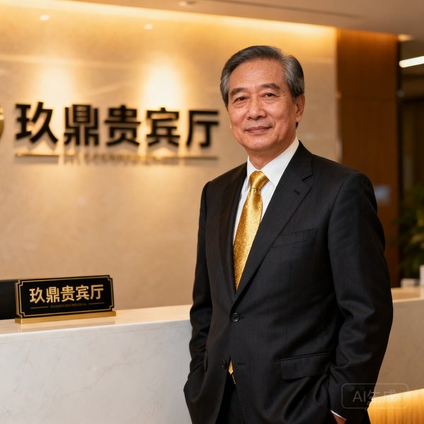 玖鼎贵宾厅创始人兼CEO陈启明先生，50岁左右，穿着深色西装搭配金色领带，背景为公司前台LOGO墙，神情自信从容。