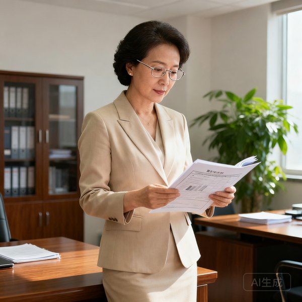玖鼎贵宾厅运营总监林婉如女士，40岁出头，身穿米色职业套装，戴细框眼镜，在办公室中翻阅服务报告，气质干练专业。