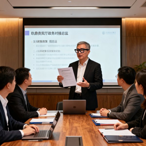 玖鼎贵宾厅政务对接总监周志远先生，45岁左右，短发戴黑框眼镜，在会议室中向团队讲解政策文件，展现出深厚的政务经验。