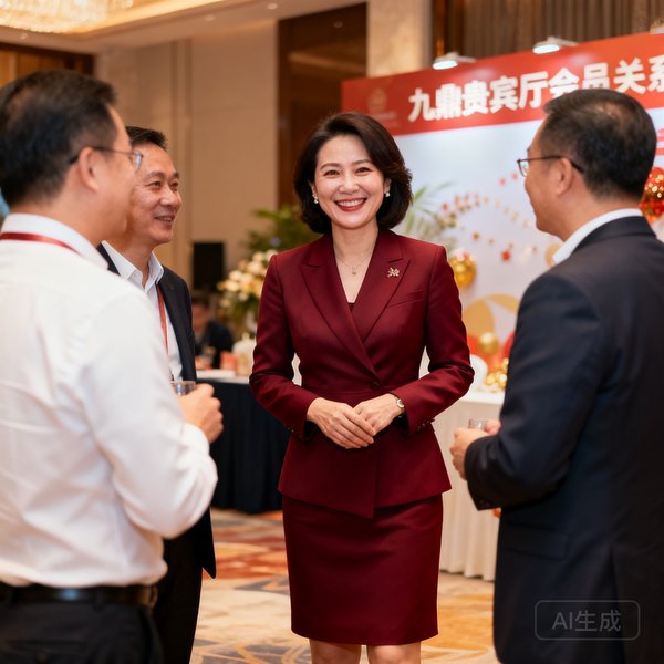玖鼎贵宾厅会员关系总监何雅琪女士，38岁，穿着酒红色西装裙，正在会员活动现场与企业家的交流，面带亲切微笑。